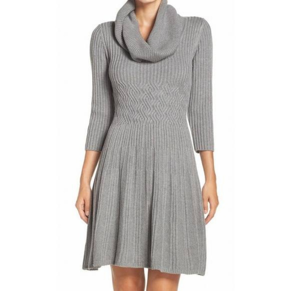 Eliza J Grey Cowl Neck Fit Flare Sweater Dress